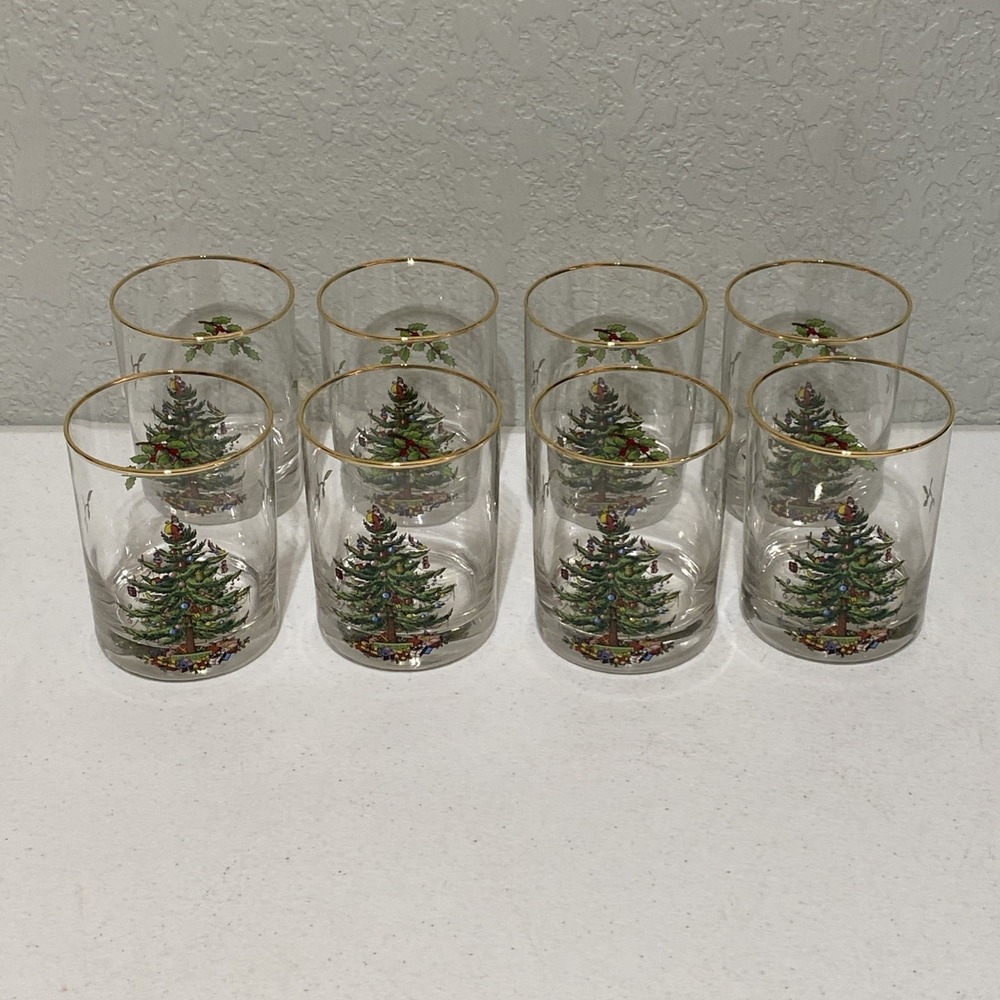 VTG Spode Christmastime Happy Holidays Tumbler Lowball 12oz Glasses Set of 8